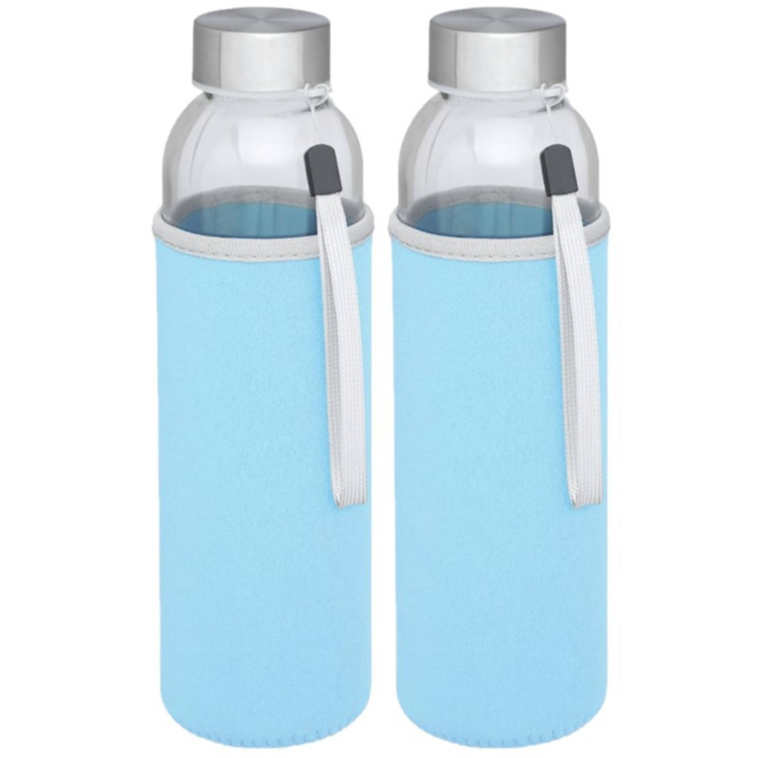 2x Stuks Glazen Waterfles-drinkfles Met Lichtblauwe Softshell Bescherm Hoes 500 Ml Sportfles Bidon