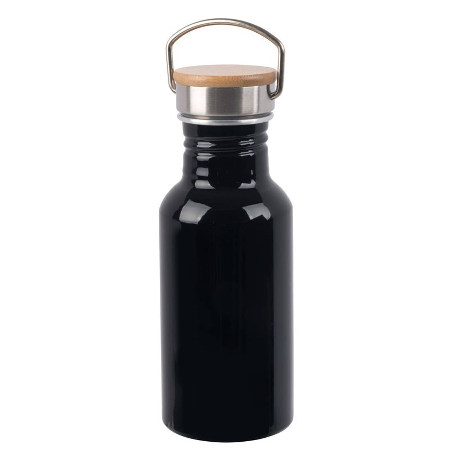 Aluminium waterfles/drinkfles zwart met bamboe schroefdop 550 ml - Drinkflessen