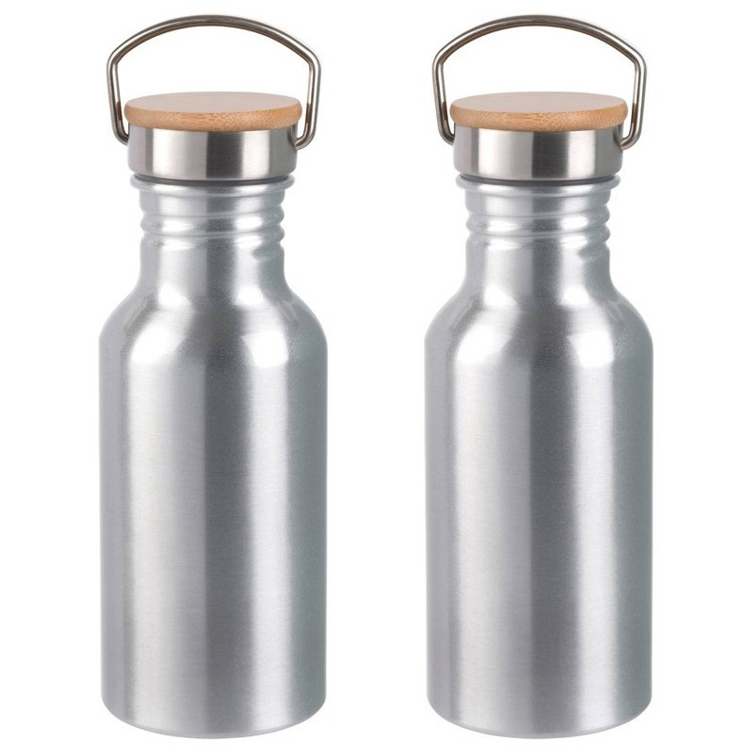 2x Stuks aluminium waterfles/drinkfles zilver met bamboe schroefdop 550 ml - Drinkflessen
