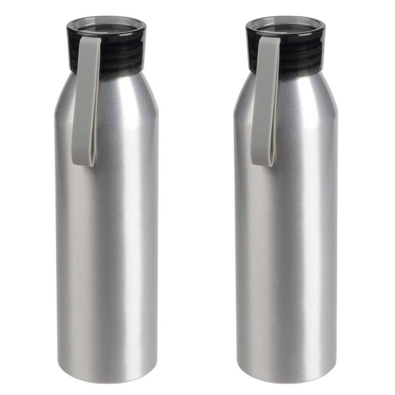 2x Stuks aluminium waterfles/drinkfles zilver met grijze kunststof schroefdop 650 ml - Drinkflessen