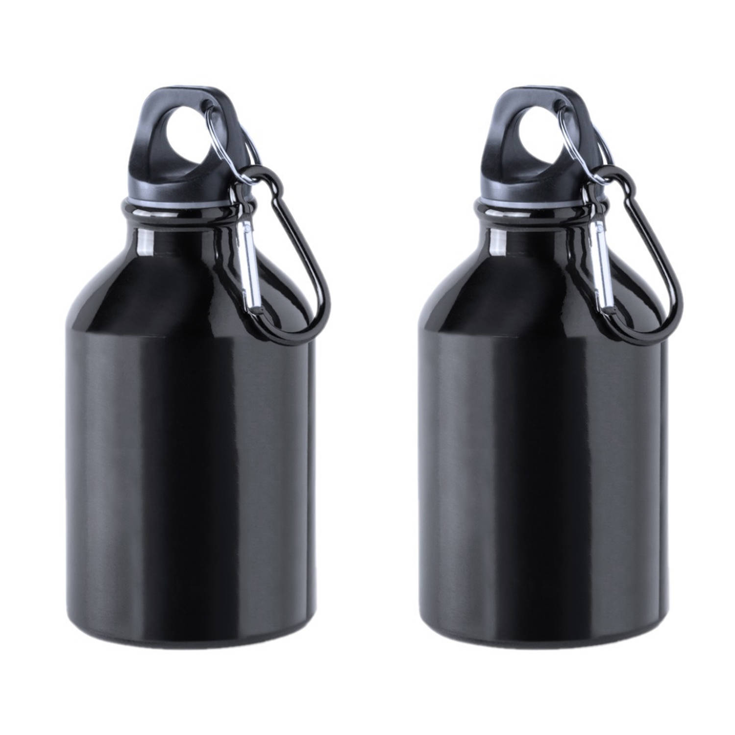 2x Stuks aluminium waterfles/drinkfles zwart met schroefdop en karabijnhaak 330 ml - Drinkflessen