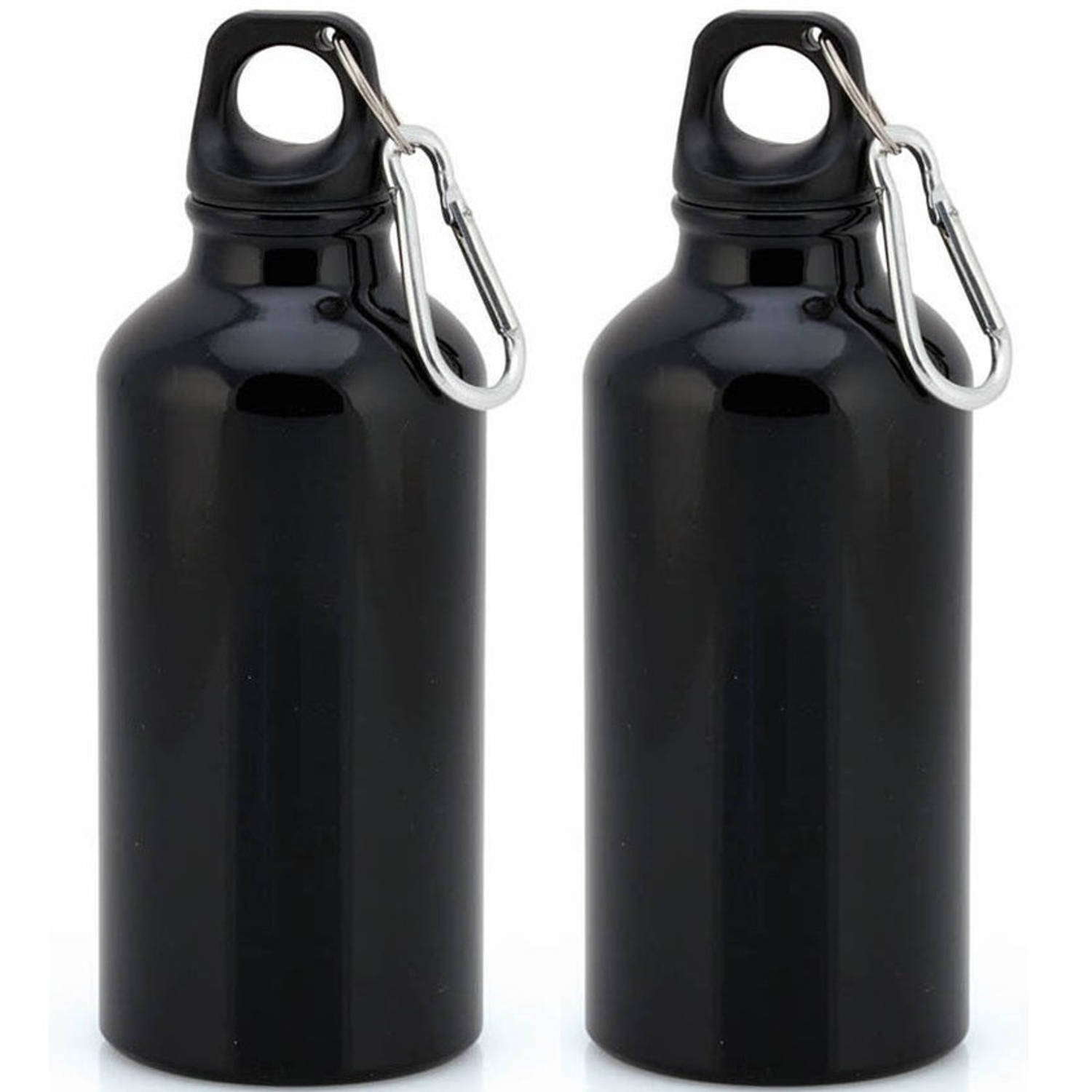 2x Stuks aluminium waterfles/drinkfles zwart met schroefdop en karabijnhaak 400 ml - Drinkflessen
