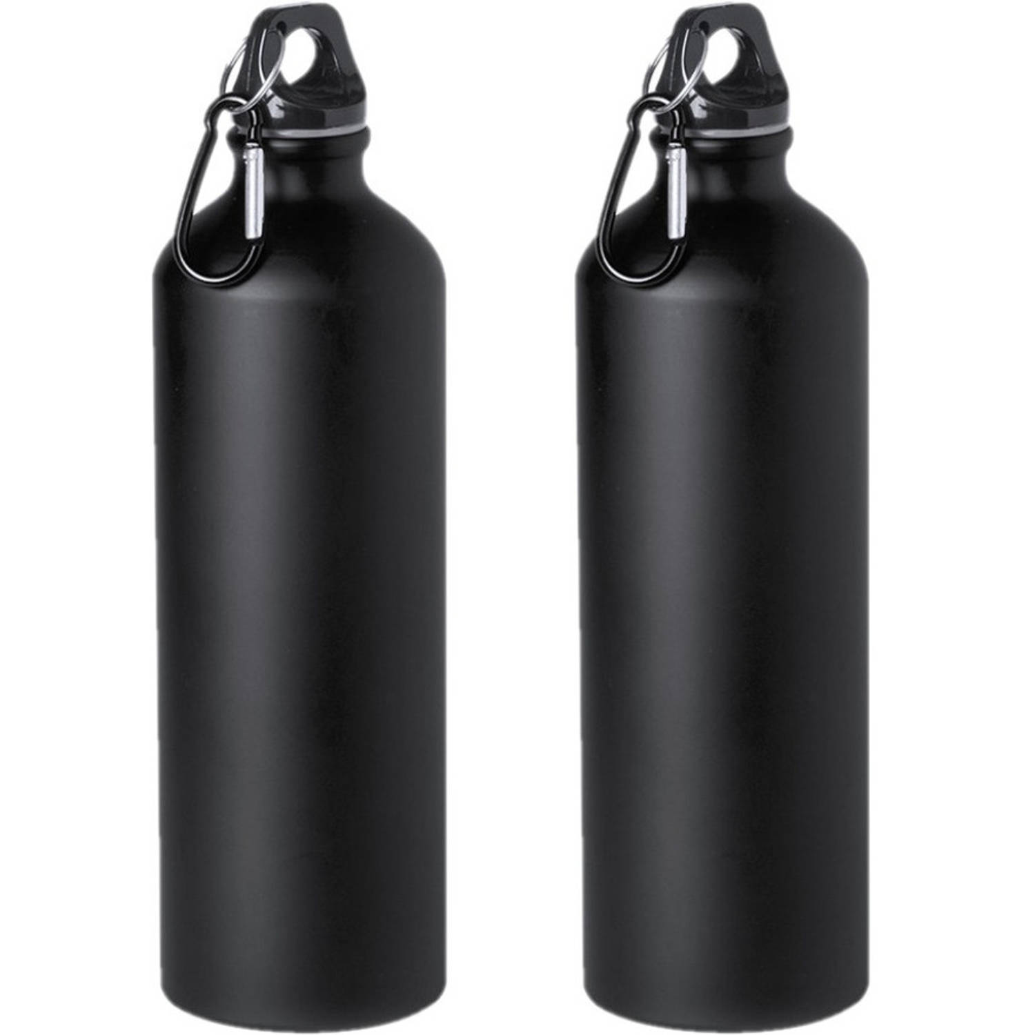2x Stuks aluminium waterfles/drinkfles zwart met schroefdop en karabijnhaak 800 ml - Drinkflessen