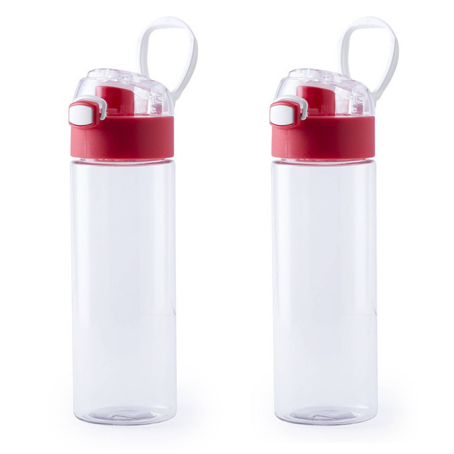 2x Stuks kunststof waterfles/drinkfles transparant met rode schroefdop en handvat 580 ml - Drinkflessen