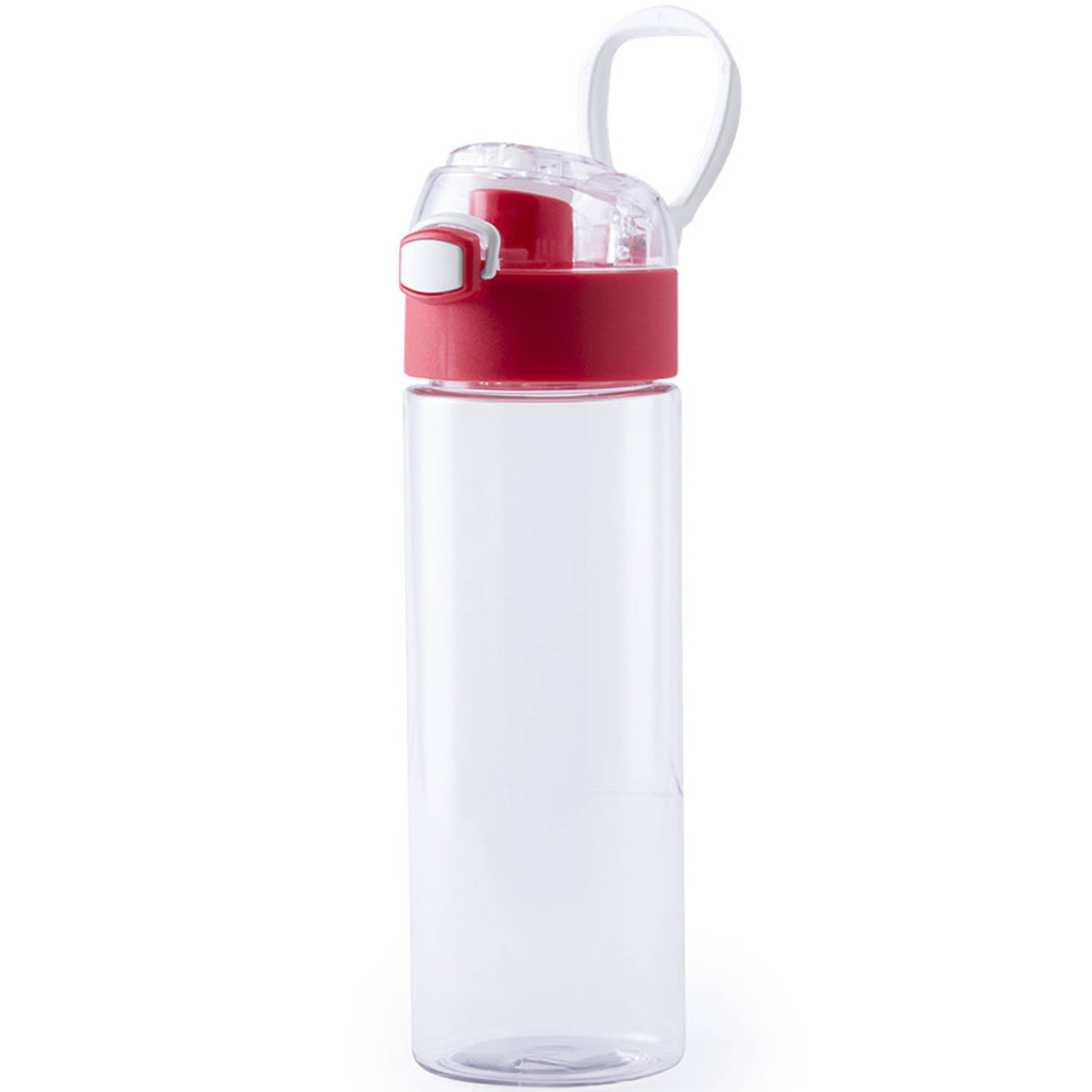 Kunststof waterfles/drinkfles transparant met rode schroefdop en handvat 580 ml - Drinkflessen