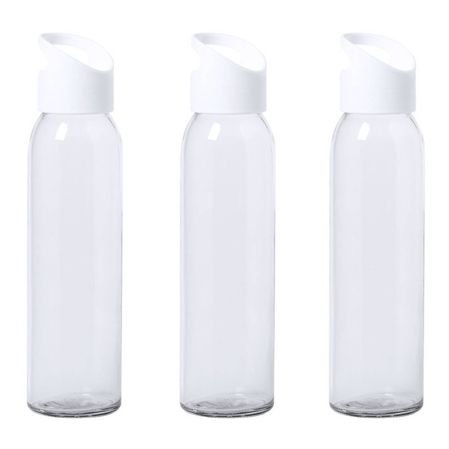 6x Stuks glazen waterfles/drinkfles transparant met schroefdop met wit handvat 470 ml - Drinkflessen