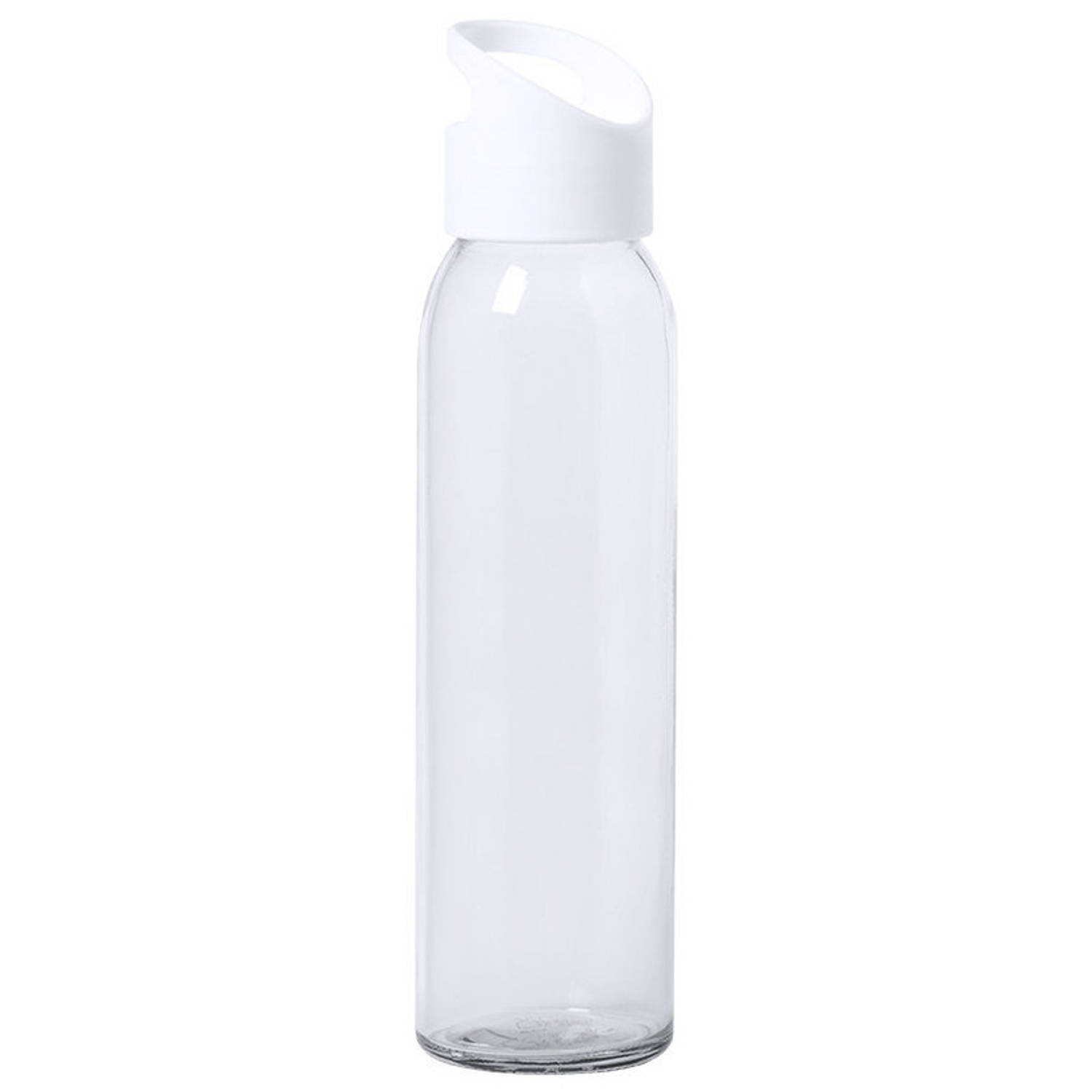 Glazen waterfles/drinkfles transparant met schroefdop met wit handvat 470 ml - Drinkflessen