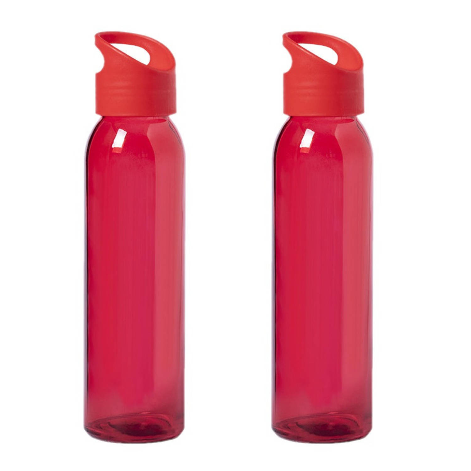 2x Stuks Glazen Waterfles-drinkfles Rood Transparant Met Schroefdop Met Handvat 470 Ml Sportfles Bid