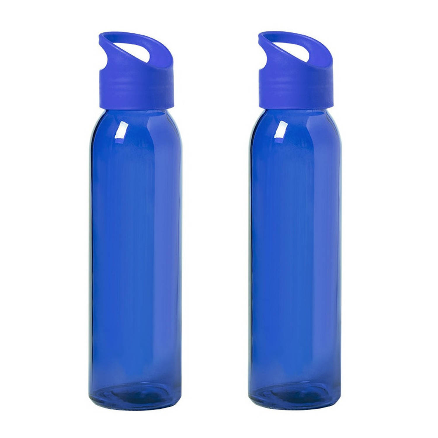 2x Stuks glazen waterfles/drinkfles blauw transparant met schroefdop met handvat 470 ml - Drinkflessen