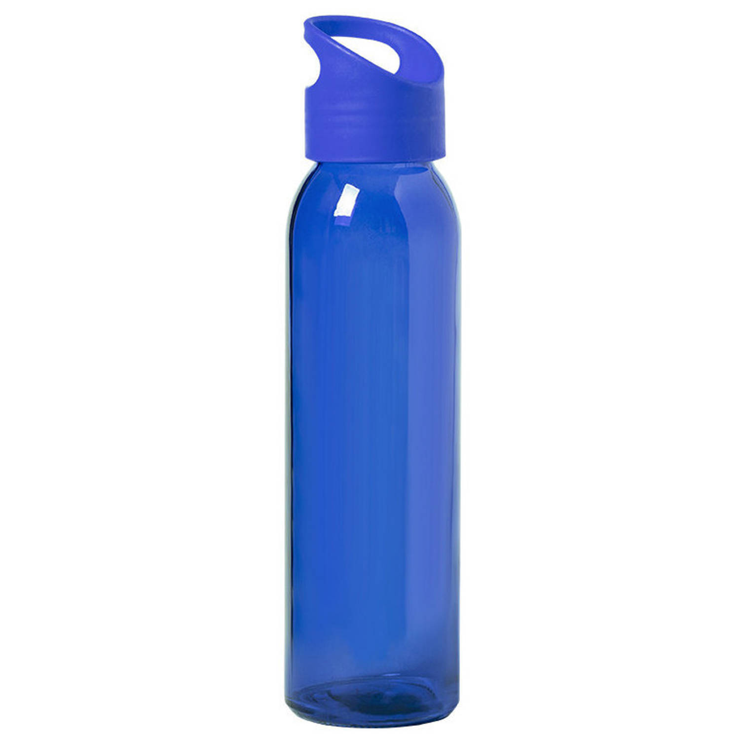 Glazen waterfles/drinkfles blauw transparant met schroefdop met handvat 470 ml - Drinkflessen