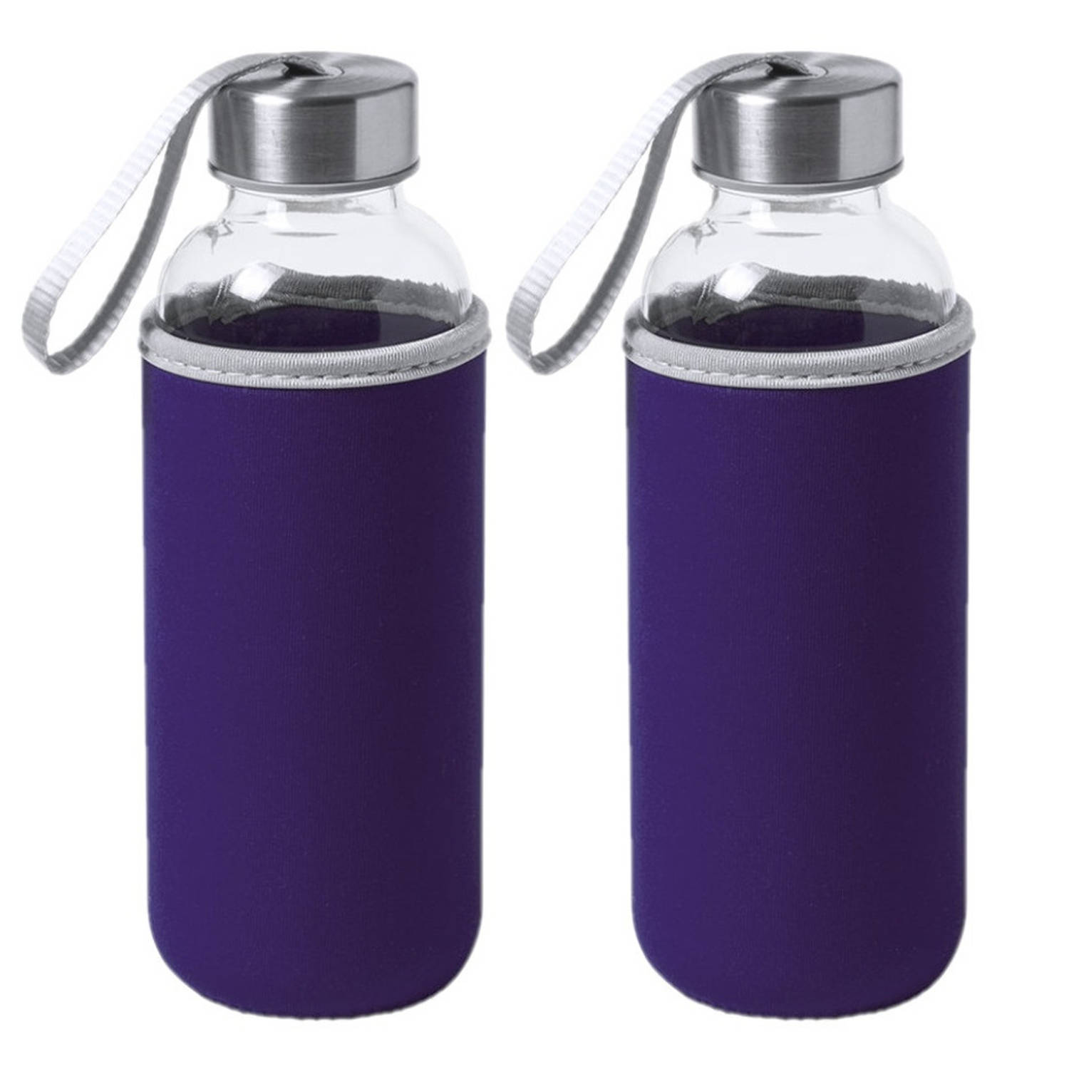 2x Stuks glazen waterfles/drinkfles met paarse softshell bescherm hoes 420 ml - Drinkflessen