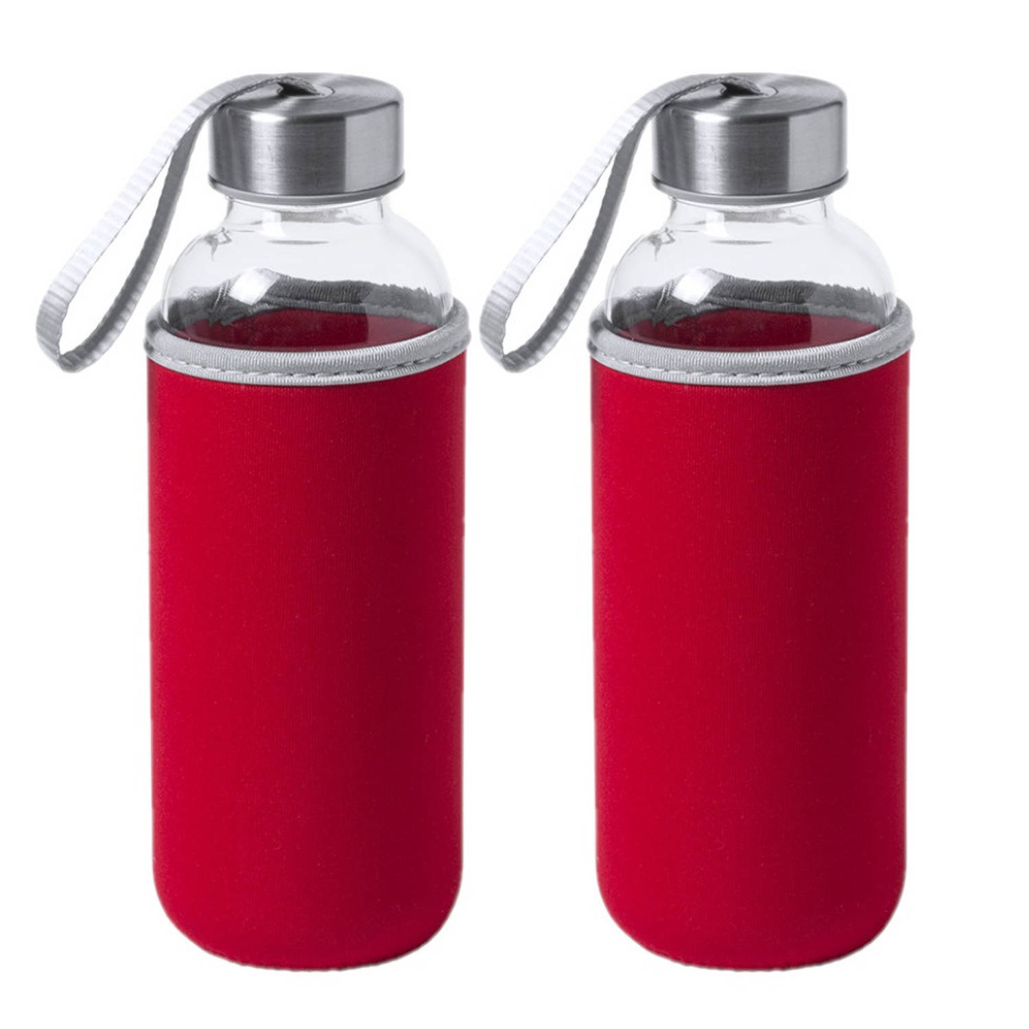 2x Stuks glazen waterfles/drinkfles met rode softshell bescherm hoes 420 ml - Drinkflessen
