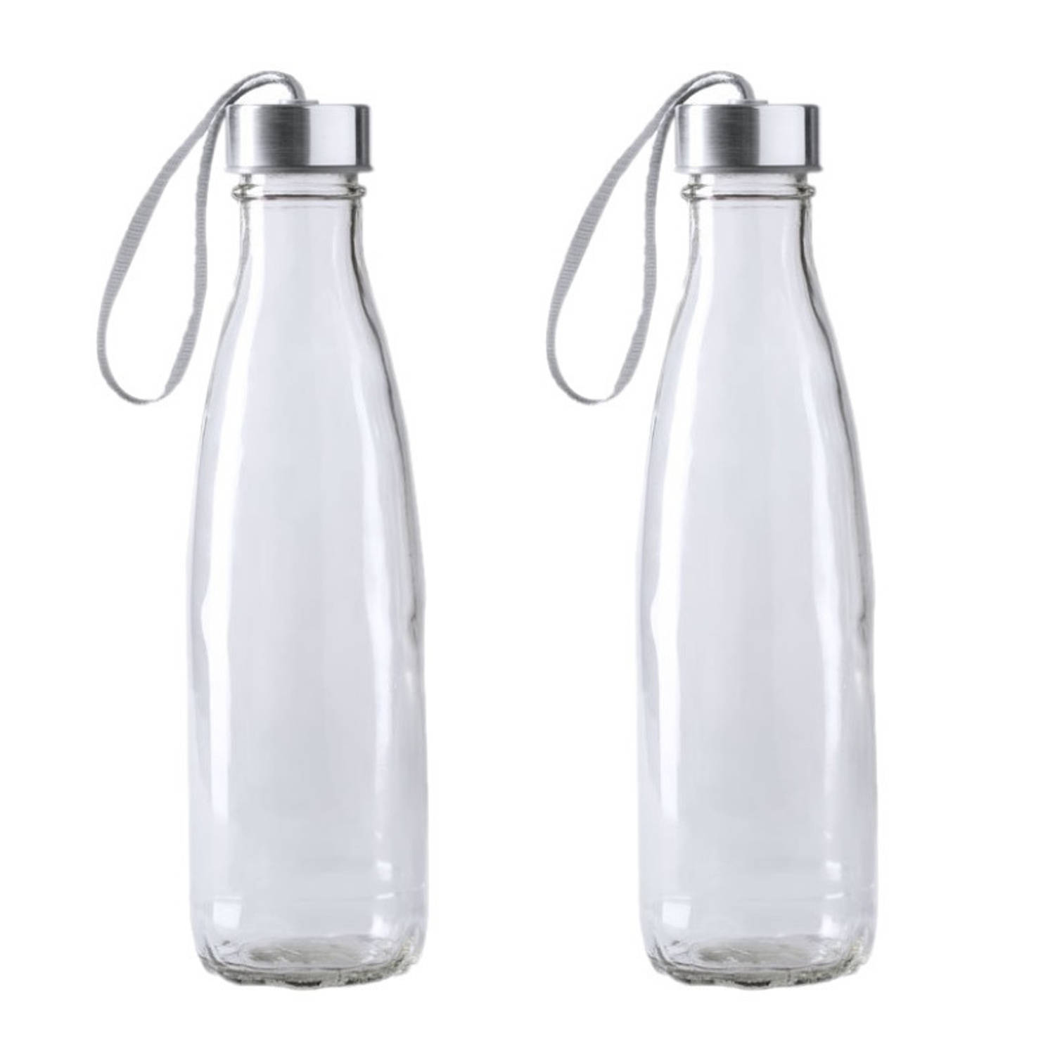 2x Stuks Glazen Waterfles/drinkfles Transparant Met Rvs Dop Met Handvat 610 Ml - Drinkflessen