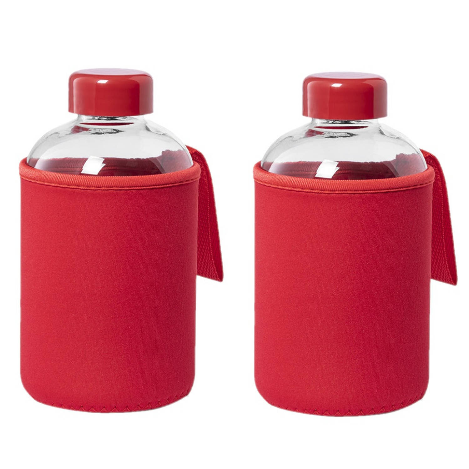 2x Stuks glazen waterfles/drinkfles met rode softshell bescherm hoes 600 ml - Drinkflessen