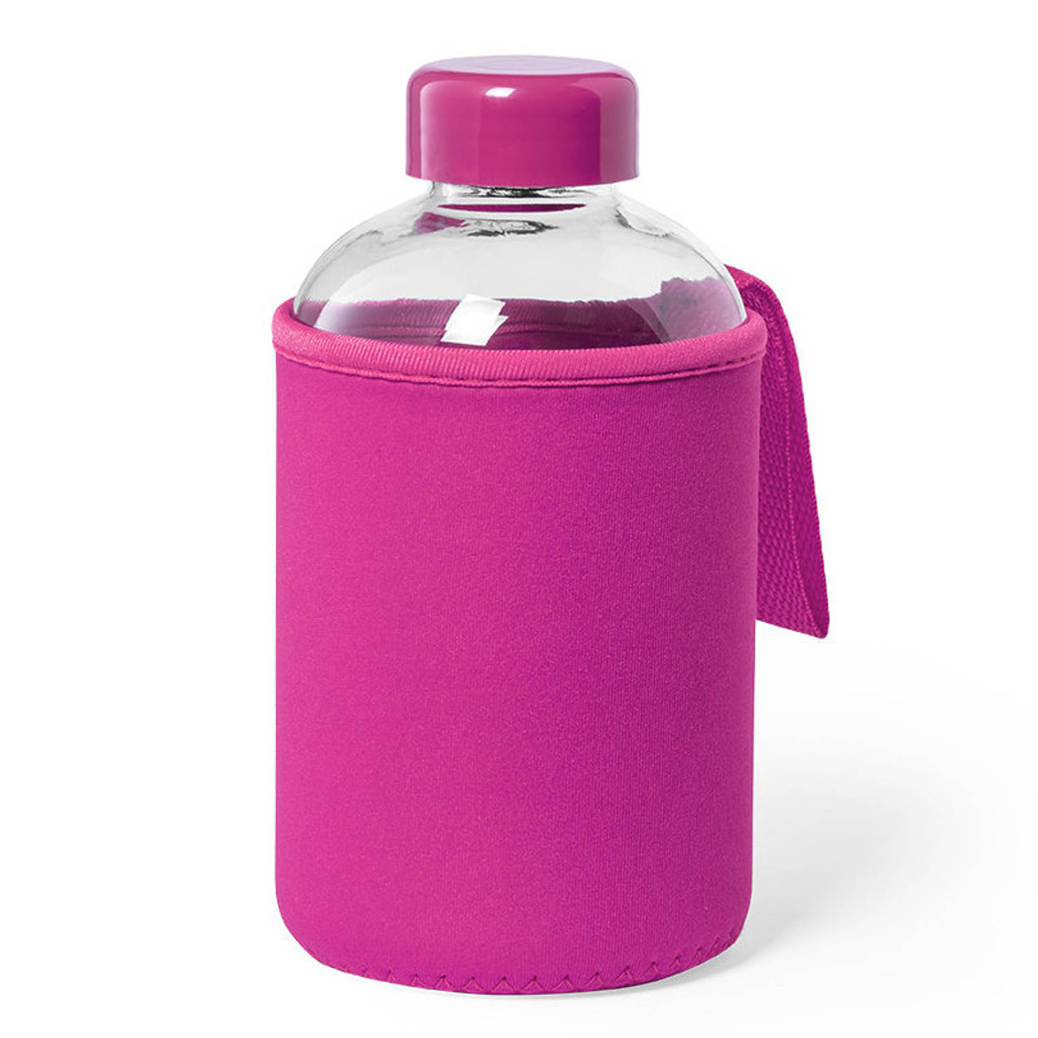 Glazen waterfles/drinkfles met fuchsia roze softshell bescherm hoes 600 ml - Drinkflessen