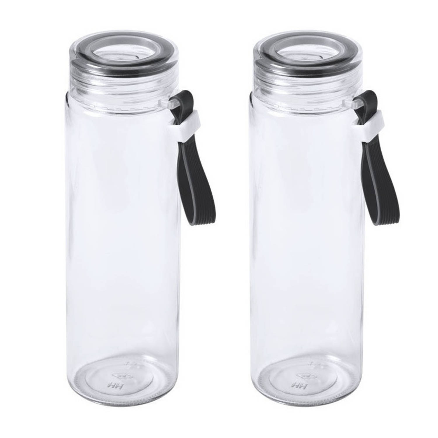 2x Stuks Glazen Waterfles/drinkfles Transparant Met Schroefdop Zwart Handvat 420 Ml - Drinkflessen