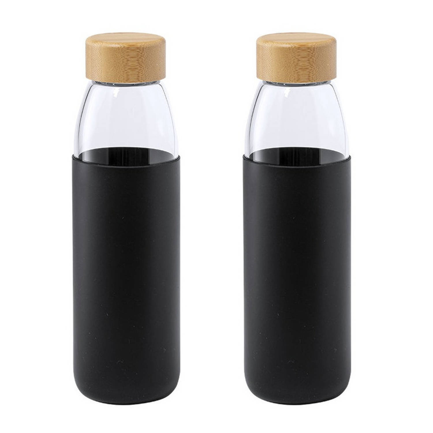 2x Stuks glazen waterfles/drinkfles met zwarte siliconen bescherm hoes 540 ml - Drinkflessen