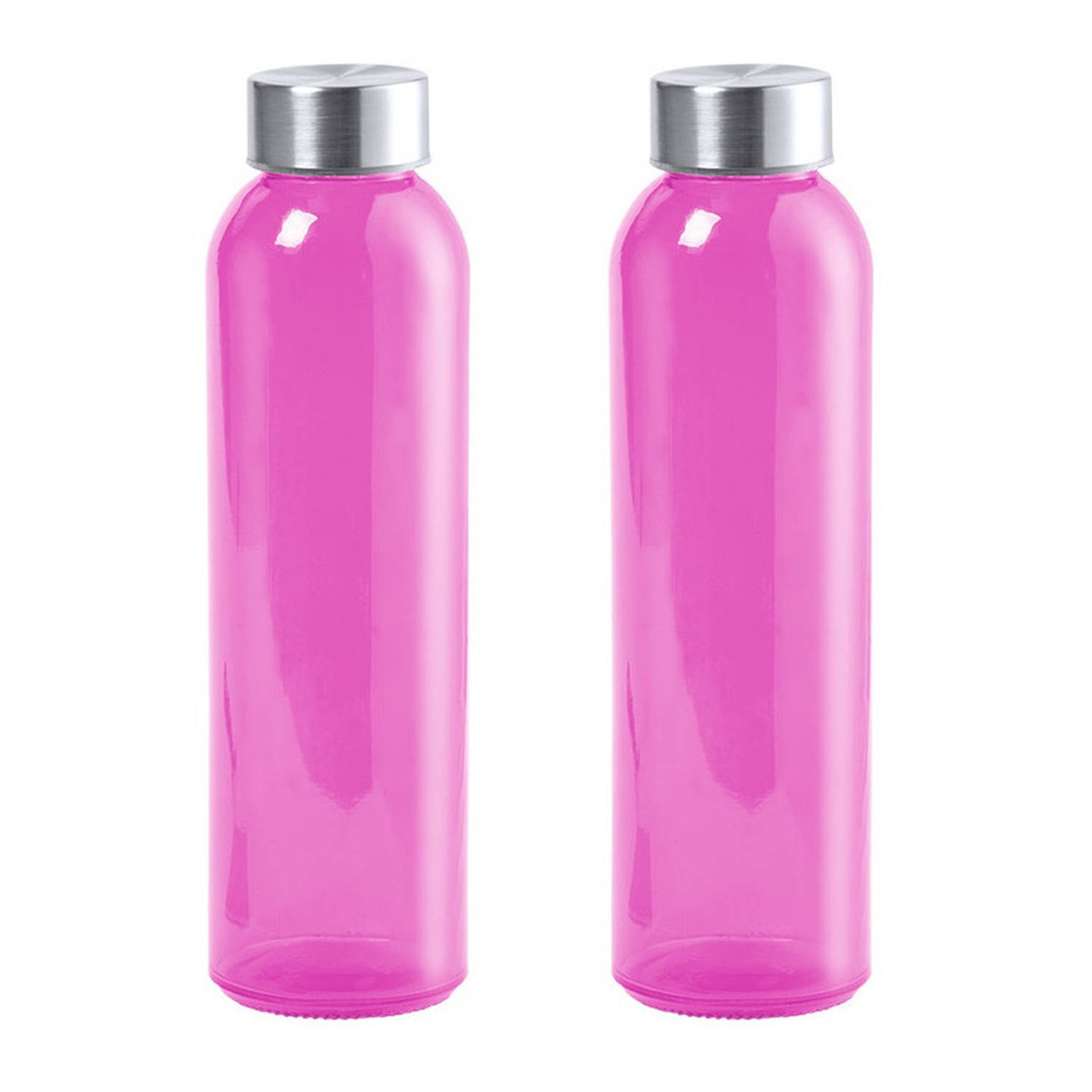 2x Stuks glazen waterfles/drinkfles fuchsia roze transparant met Rvs dop 550 ml - Drinkflessen