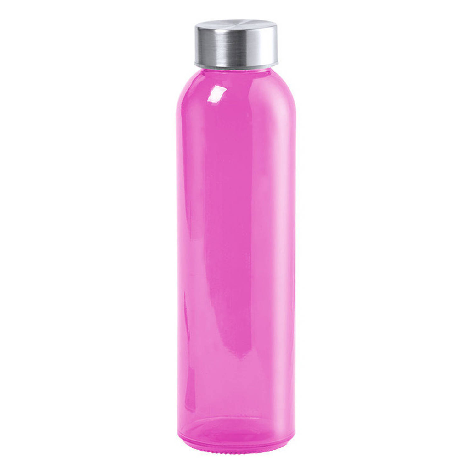 Glazen waterfles/drinkfles fuchsia roze transparant met RVS dop 500 ml - Drinkflessen