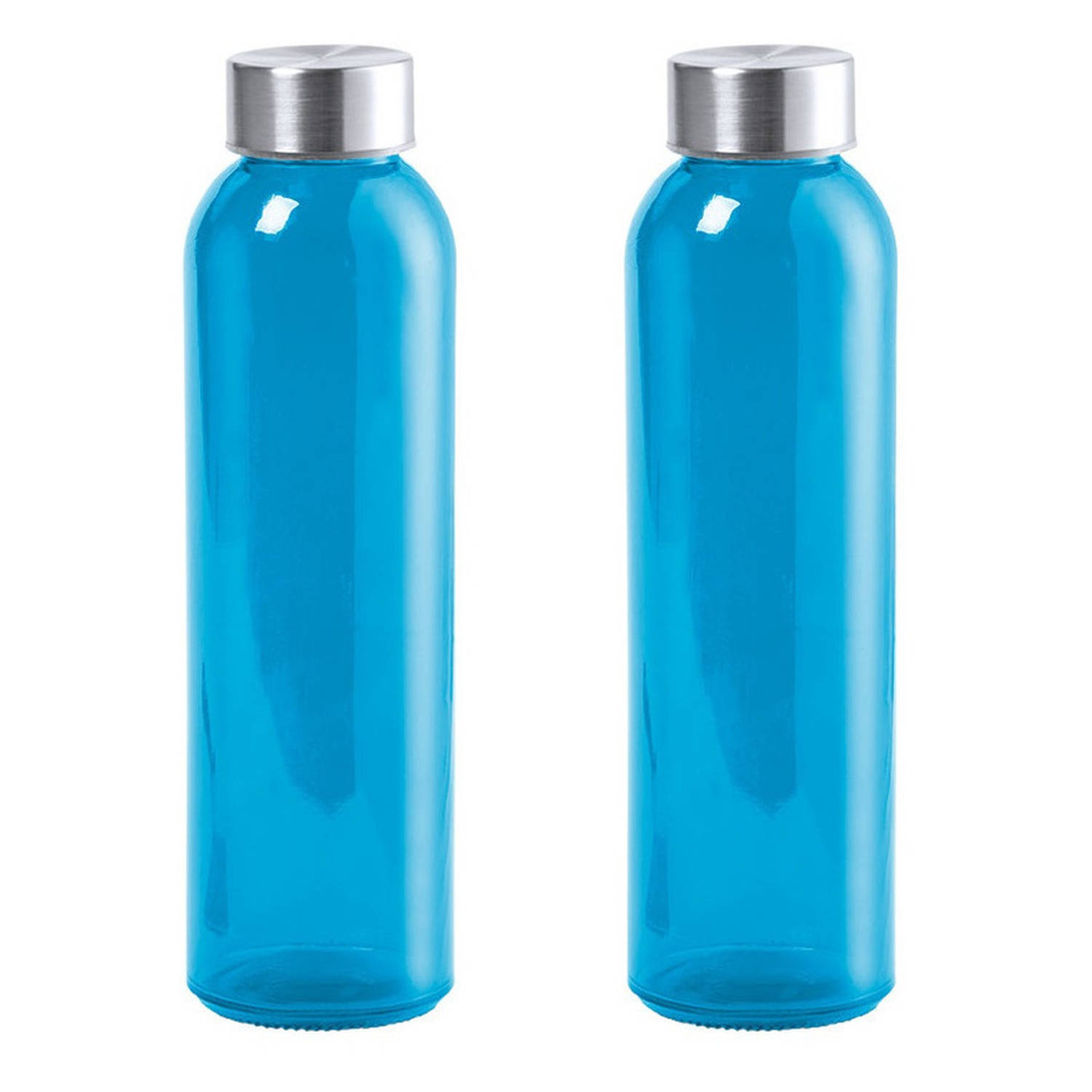 2x Stuks glazen waterfles/drinkfles blauw transparant met Rvs dop 550 ml - Drinkflessen