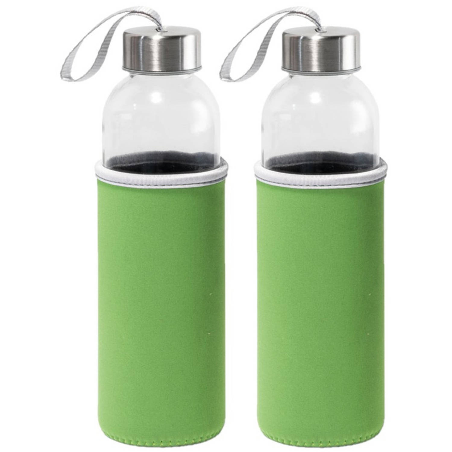 2x Stuks glazen waterfles/drinkfles met groene softshell bescherm hoes 520 ml - Drinkflessen
