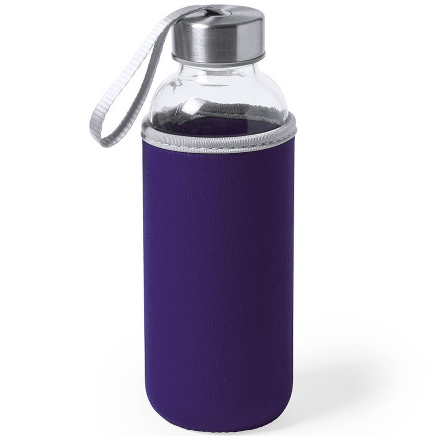 Glazen waterfles/drinkfles met paarse softshell bescherm hoes 420 ml - Drinkflessen