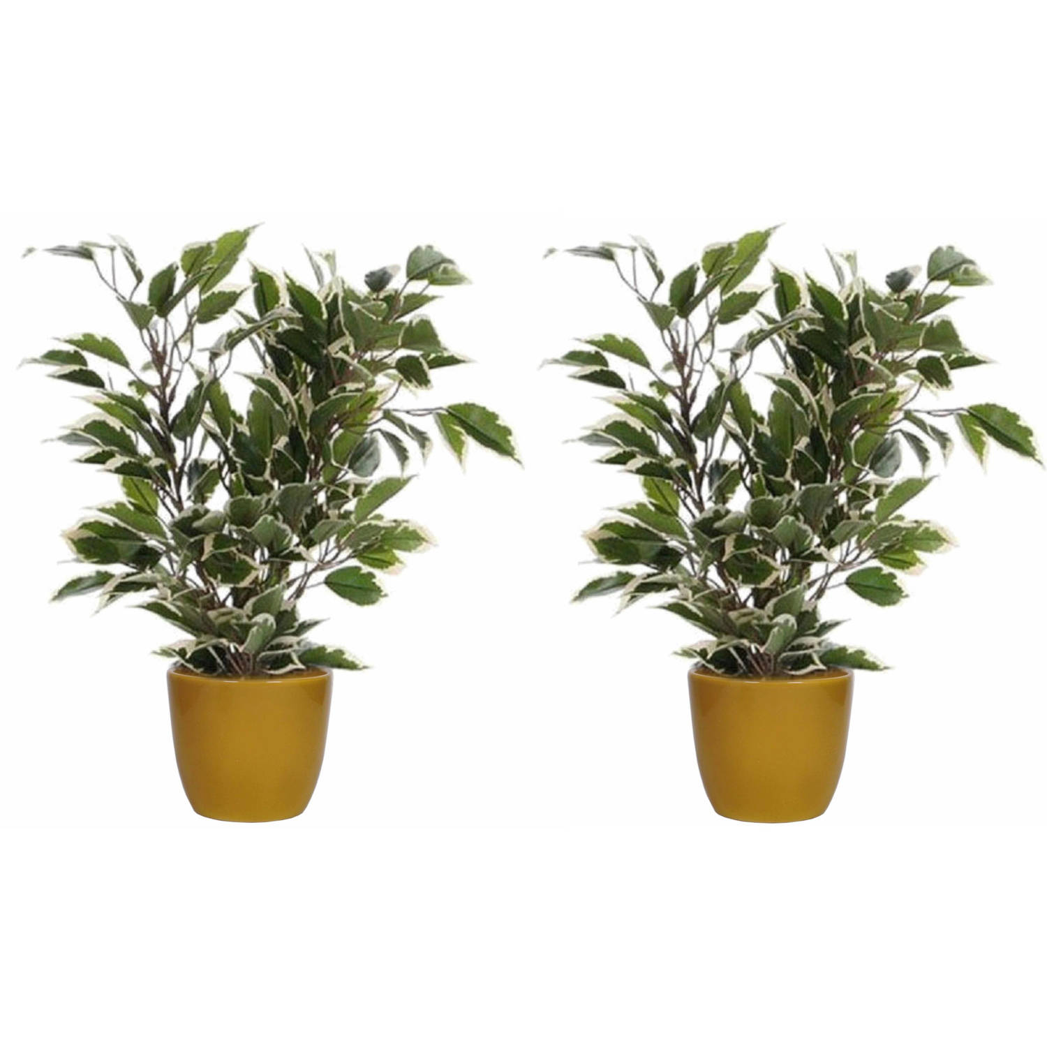 2x Stuks Groen-witte Ficus Kunstplant 40 Cm Met Plantenpot Okergeel D13.5 En H12.5 Cm