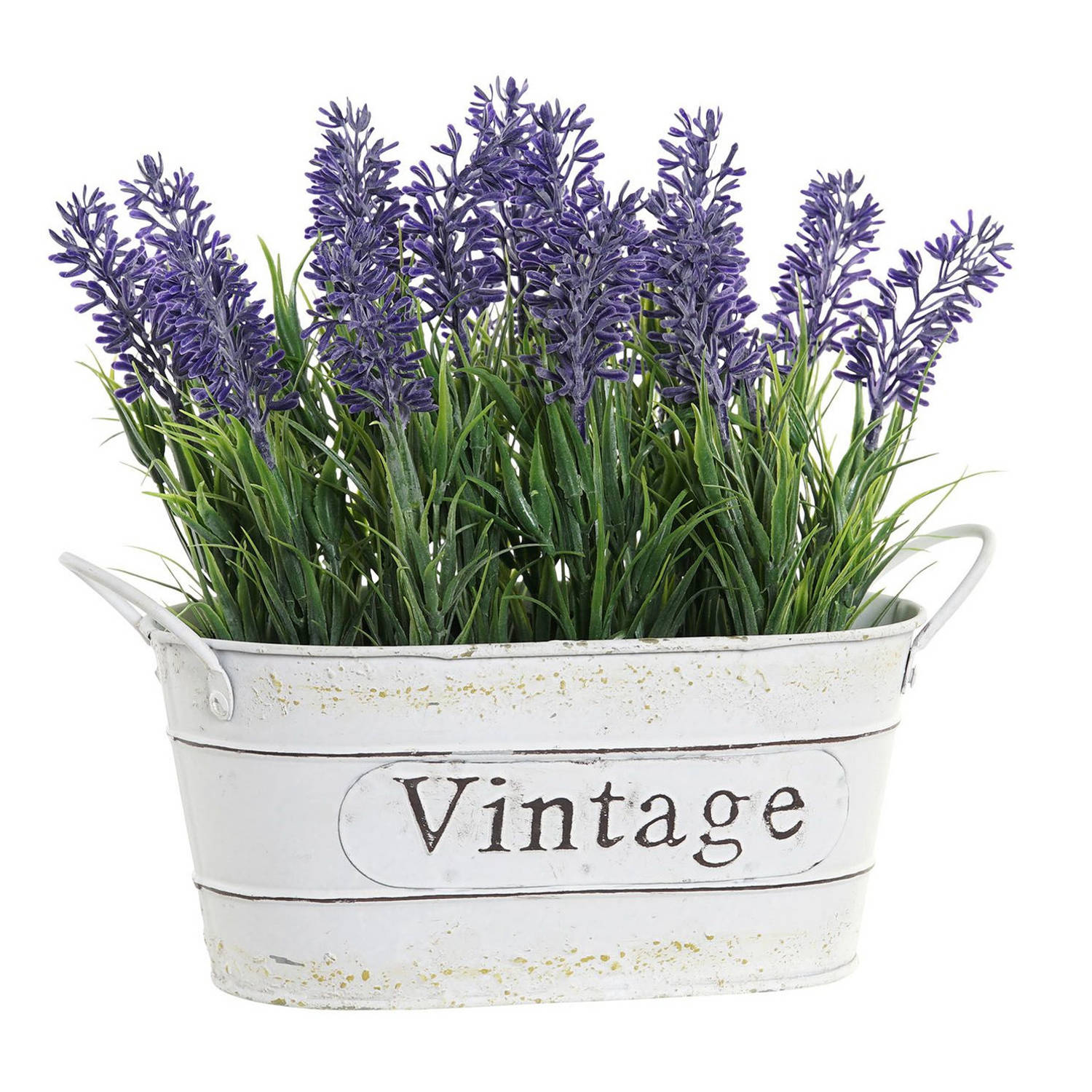 Lavendel kunstplant/kamerplant in metalen emmer wit 20 cm - Kunstplanten