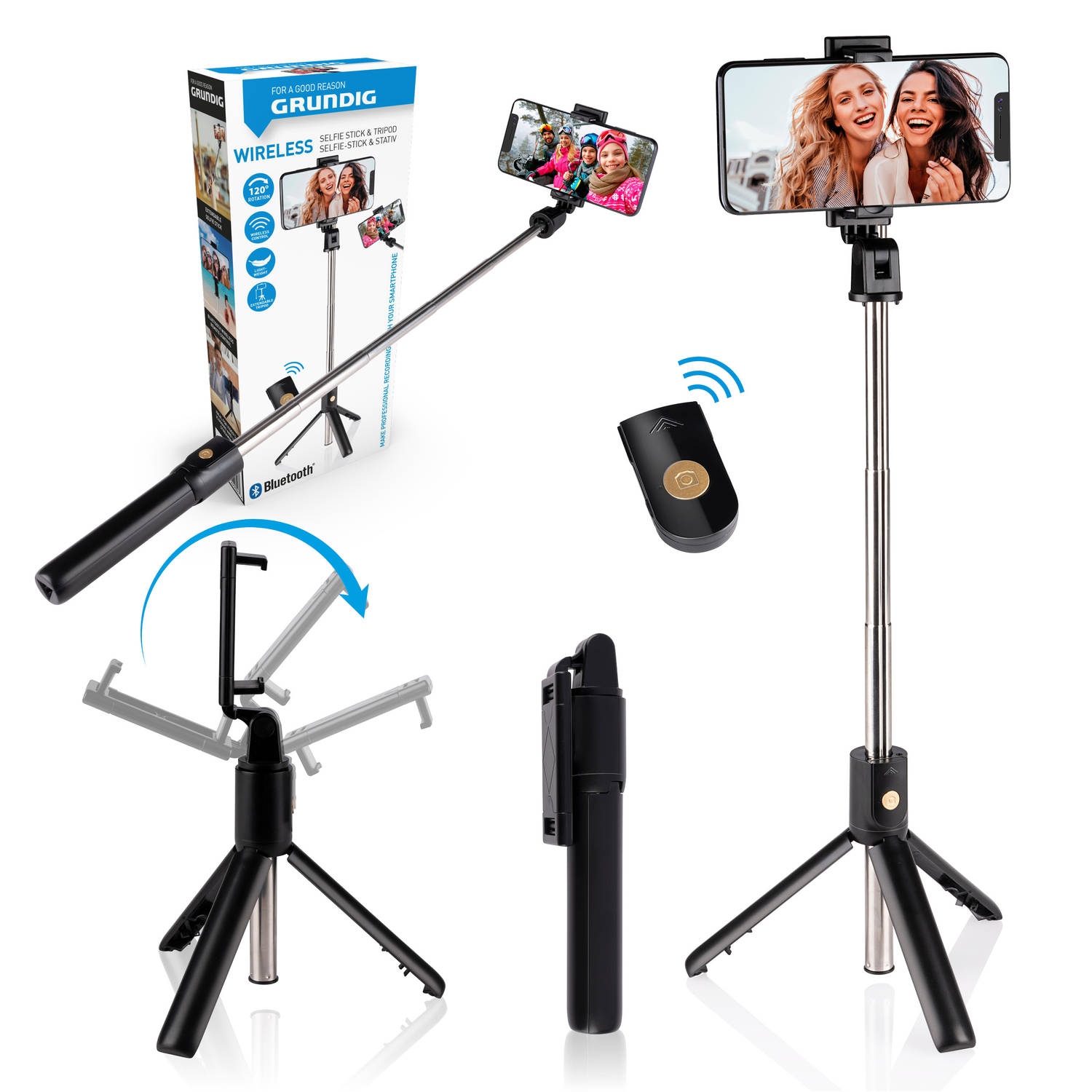 Grundig Selfie Stick en Statief voor Smartphone - Bluetooth - met Afstandsbediening - 120° Draaibaar