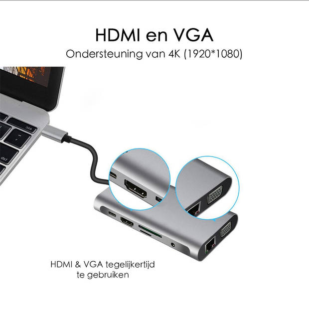 USB-C Docking Station - 10 aansluitingen - Ondersteunt 4K