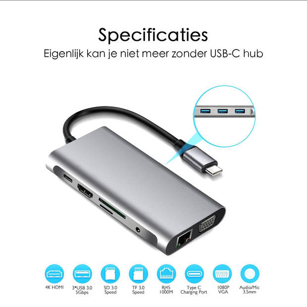 USB-C Docking Station - 10 aansluitingen - Ondersteunt 4K