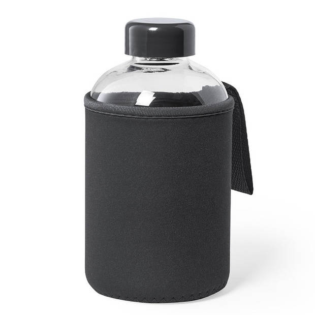 2x Stuks glazen waterfles/drinkfles met zwarte softshell bescherm hoes 600 ml - Drinkflessen