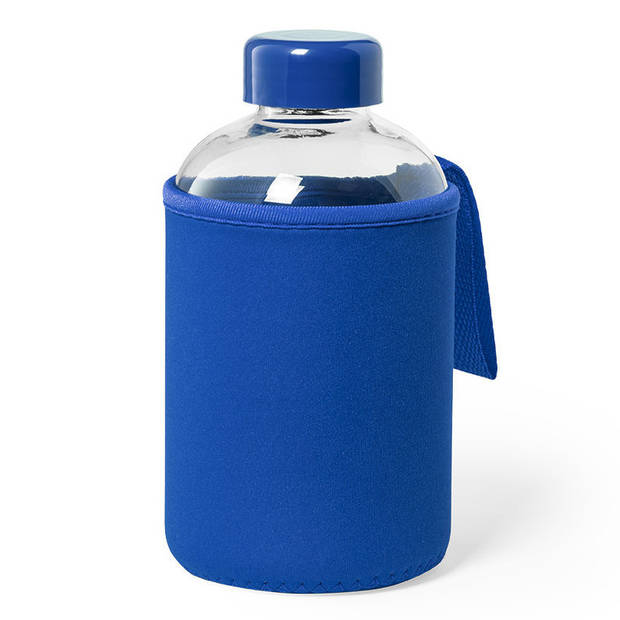 2x Stuks glazen waterfles/drinkfles met blauwe softshell bescherm hoes 600 ml - Drinkflessen