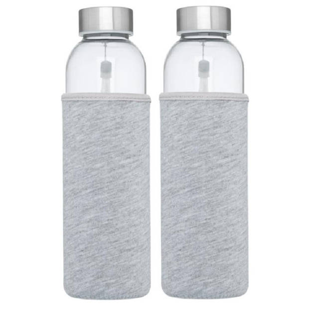 2x stuks glazen waterfles/drinkfles met grijze softshell bescherm hoes 500 ml - Drinkflessen