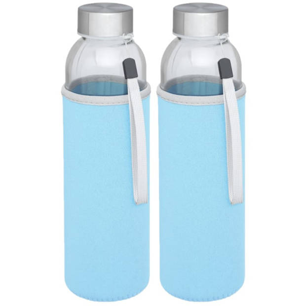 2x stuks glazen waterfles/drinkfles met lichtblauwe softshell bescherm hoes 500 ml - Drinkflessen