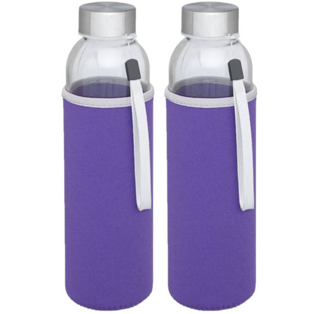 2x stuks glazen waterfles/drinkfles met paarse softshell bescherm hoes 500 ml - Drinkflessen