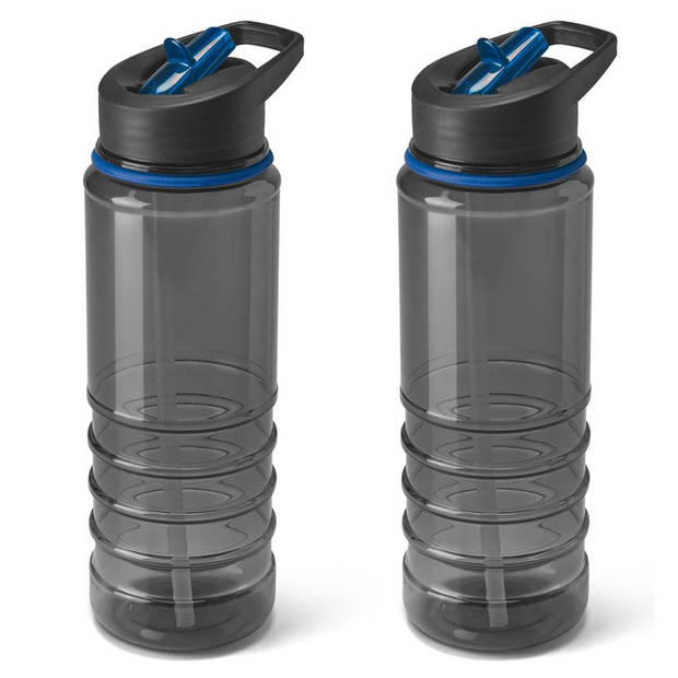 2x Stuks kunststof waterfles/drinkfles transparant zwart/blauw met rietje 650 ml - Drinkflessen