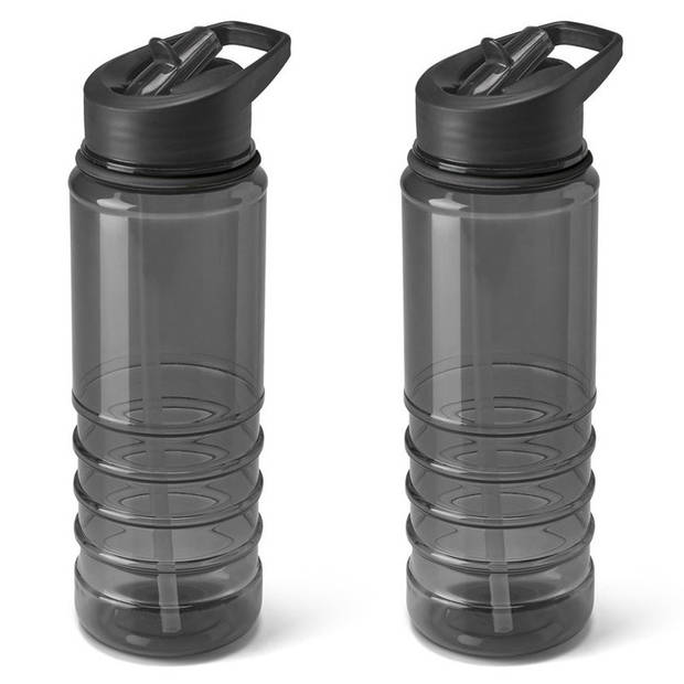 2x Stuks kunststof waterfles/drinkfles transparant zwart met rietje 650 ml - Sportfles - Bidon