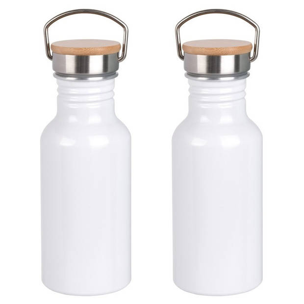 2x Stuks aluminium waterfles/drinkfles wit met bamboe schroefdop 550 ml - Drinkflessen