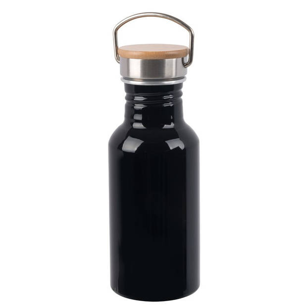 2x Stuks aluminium waterfles/drinkfles zwart met bamboe schroefdop 550 ml - Drinkflessen