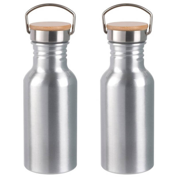 2x Stuks aluminium waterfles/drinkfles zilver met bamboe schroefdop 550 ml - Drinkflessen