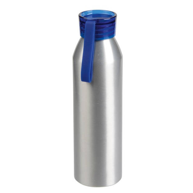 2x Stuks aluminium waterfles/drinkfles zilver met blauwe kunststof schroefdop 650 ml - Drinkflessen