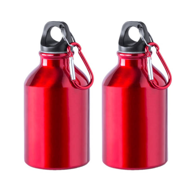 2x Stuks aluminium waterfles/drinkfles rood met schroefdop en karabijnhaak 330 ml - Drinkflessen