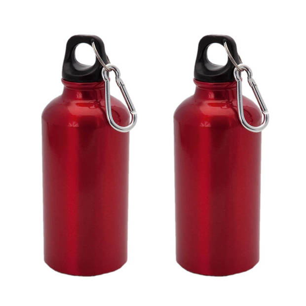 2x Stuks aluminium waterfles/drinkfles rood met schroefdop en karabijnhaak 400 ml - Drinkflessen