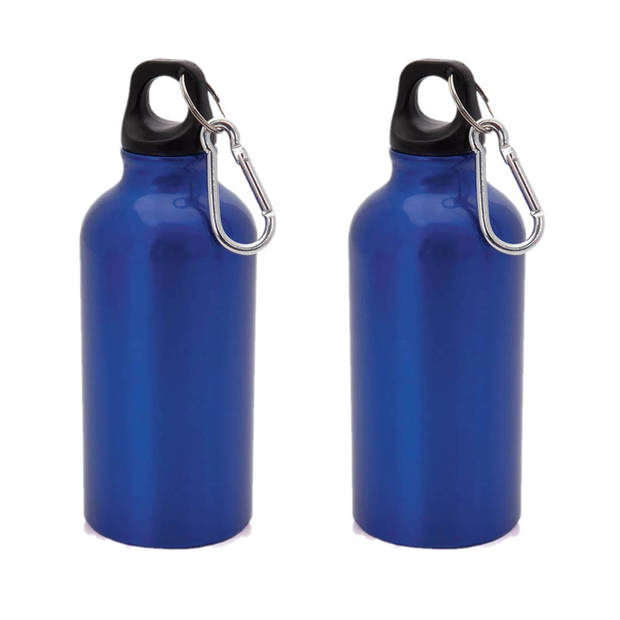 2x Stuks aluminium waterfles/drinkfles blauw met schroefdop en karabijnhaak 400 ml - Drinkflessen