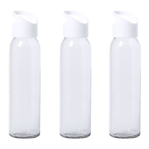 6x Stuks glazen waterfles/drinkfles transparant met schroefdop met wit handvat 470 ml - Drinkflessen