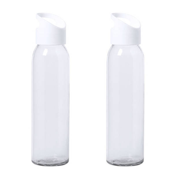 2x Stuks glazen waterfles/drinkfles transparant met schroefdop met wit handvat 470 ml - Drinkflessen