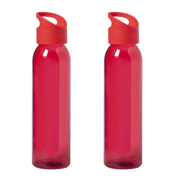 2x Stuks glazen waterfles/drinkfles rood transparant met schroefdop met handvat 470 ml - Drinkflessen