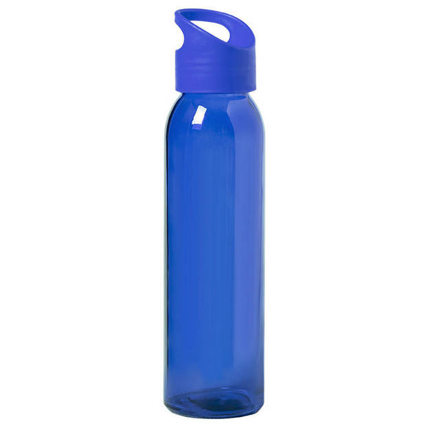 Glazen waterfles/drinkfles blauw transparant met schroefdop met handvat 470 ml - Drinkflessen
