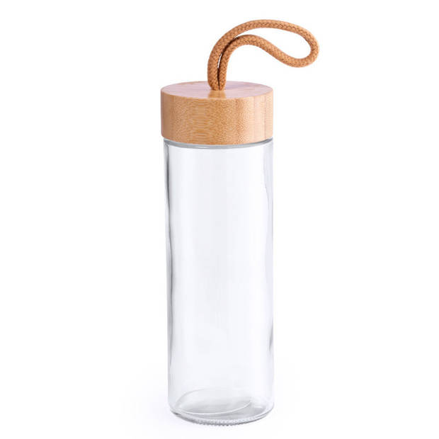 2x Stuks glazen waterfles/drinkfles transparant met bamboe houten dop met handvat 420 ml - Drinkflessen